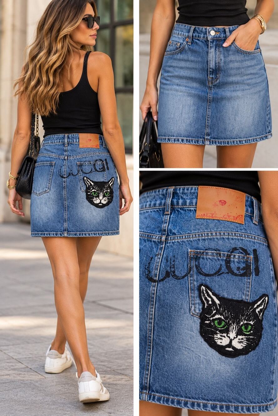 Gucci Vintage Cotton Embroidered High Waisted A-Line Mini Skirt Blue Size 40